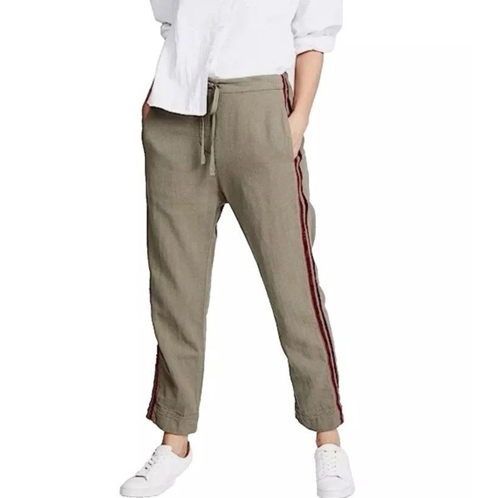 Xirena Womens Gauze Army Green Drawstring Elastic Waist Velvet‎ Stripes Pants SM
